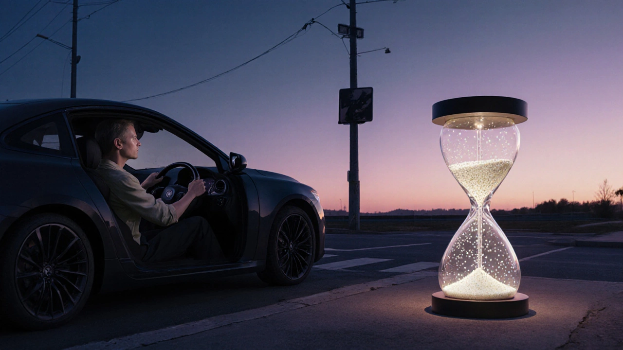 Auto stojí na křižovatce při úsvitu, vedle něj září písek v podobě kapek alkoholu.