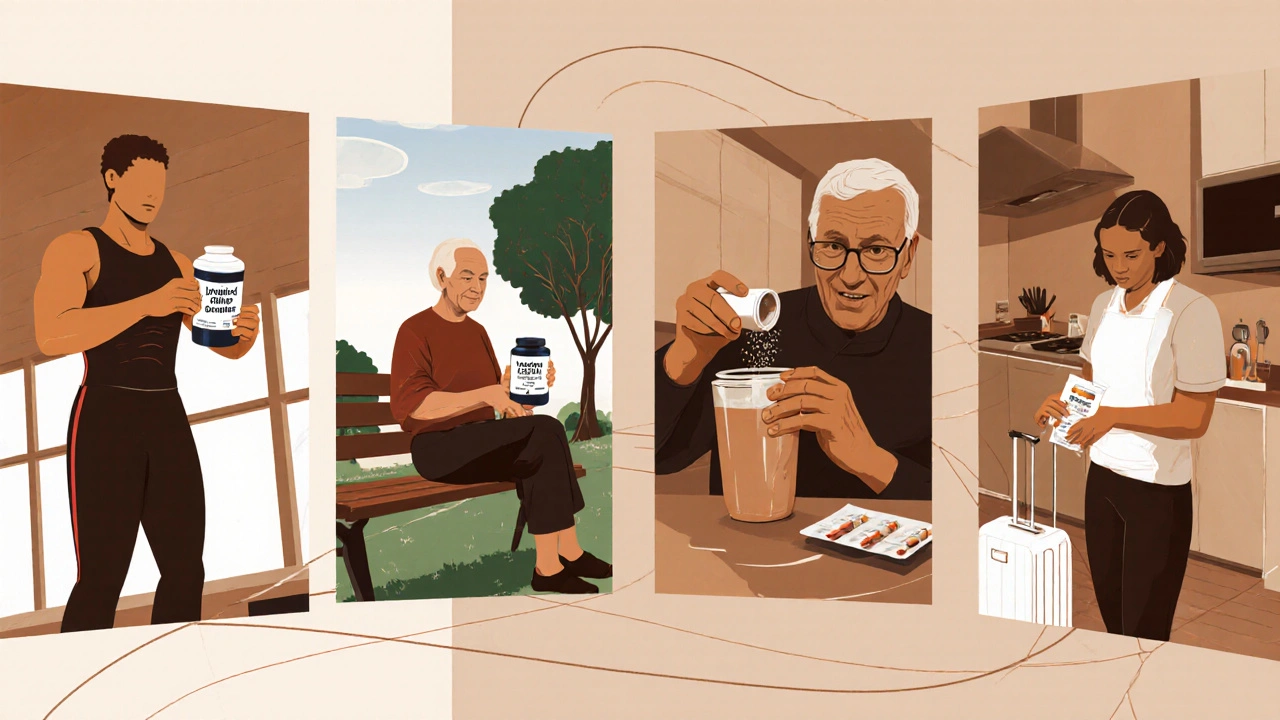 Čtyři postavy – sportovec, senior, vegan a cestovatel – vybírají různé formy kolagenu.