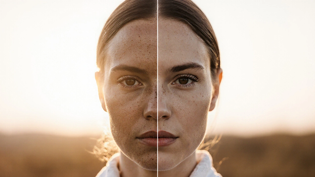 Dvoustranný obraz tváře: jedna strana s nejednotnou pokožkou, druhá jasná a zářivá.