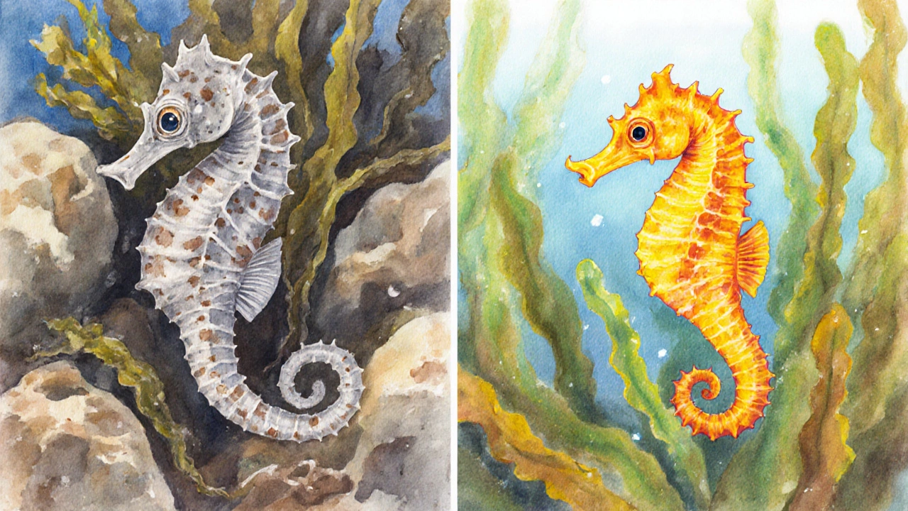 Ilustrace dvou druhů koníků – H. guttulatus ve Středomoří a H. hippocampus v Atlantiku, ukazující jejich barvy a prostředí.