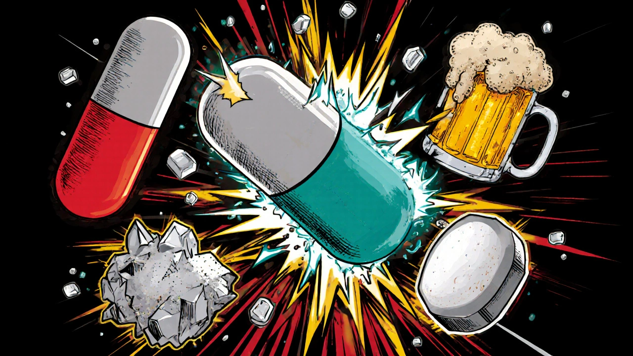 Ilustrace kapsle probiotik bojující s antibiotiky, cukrem a alkoholem.