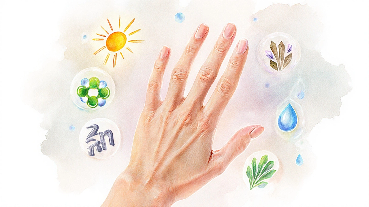 Ilustrace ruky obklopené vitamíny a minerály podporujícími růst nehtů.