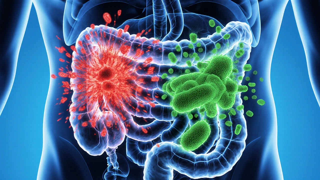Ilustrace střev s antibiotiky ničícími bakterie a probiotiky přežívajícími v klidu.