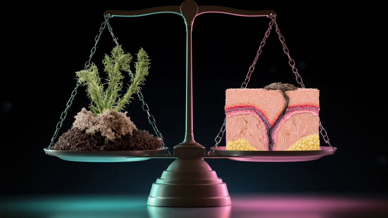 Konceptuální obrázek rovnováhy mezi houbou a zdravou kůží hlavy