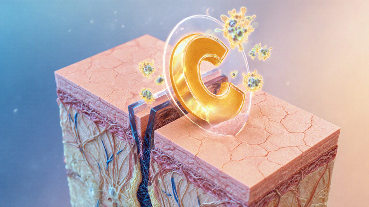 Křížový řez kůže s vitamínem C ničícím volné radikály a podporujícím kolagen.