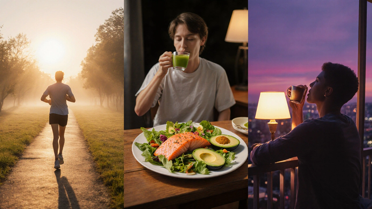 Osoba běží v parku ráno, jí lososový salát na oběd a pije zelený čaj večer při západu slunce.