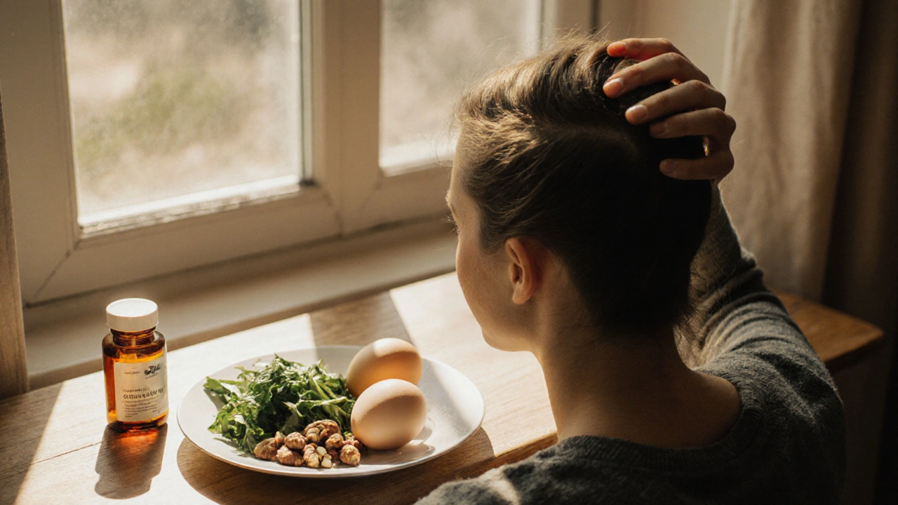 Osoba s hustšími vlasy u okna v jarním světle, vedle ní potraviny