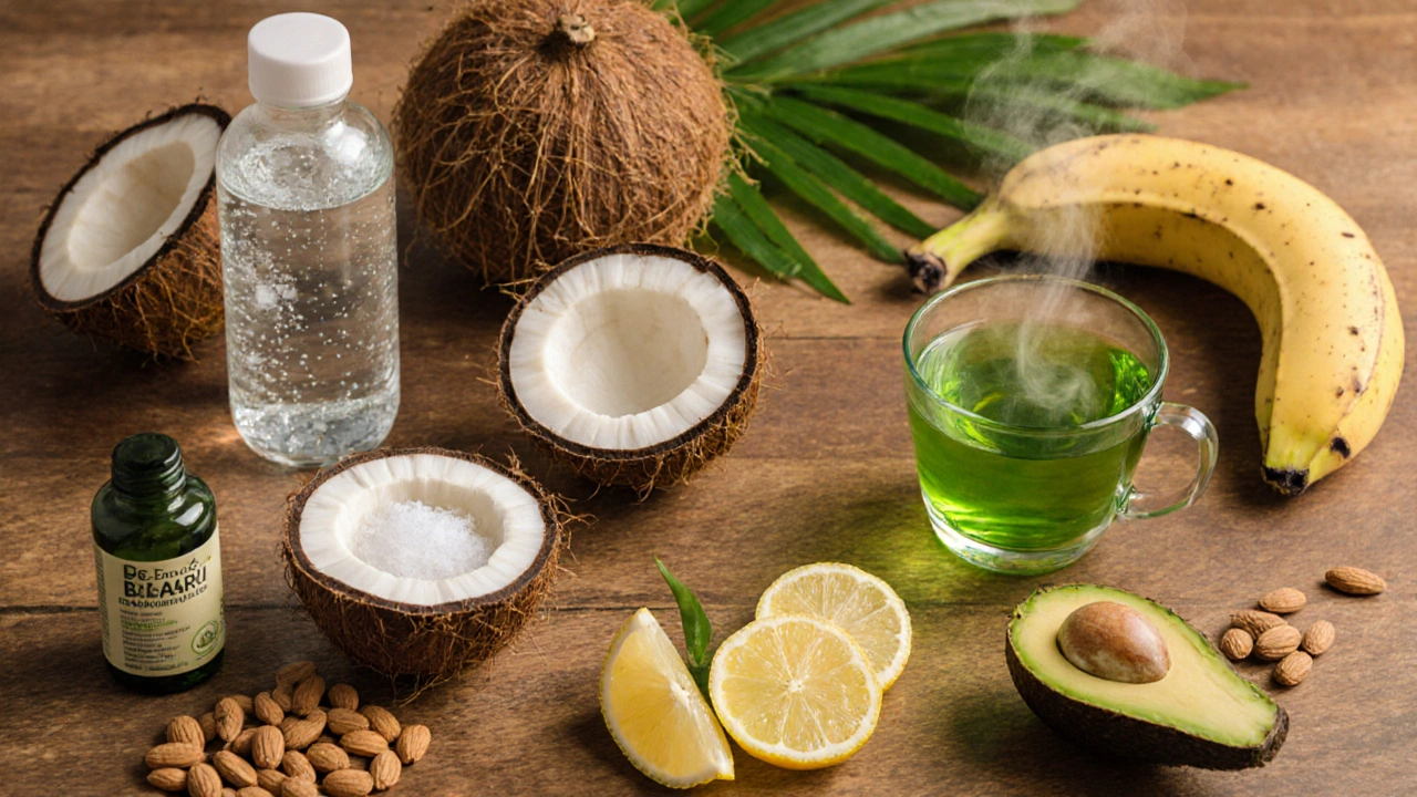 Ploché uspořádání detoxikačních potravin: voda s solí, kokos, citron, zelený čaj, banán, avokádo, mandle a vitamíny B.