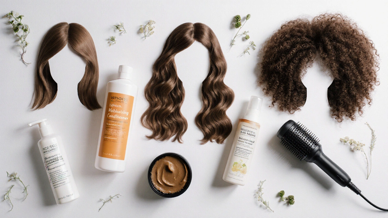 Ploché uspořádání produktů pro rovné, vlnité a kudrnaté vlasy.