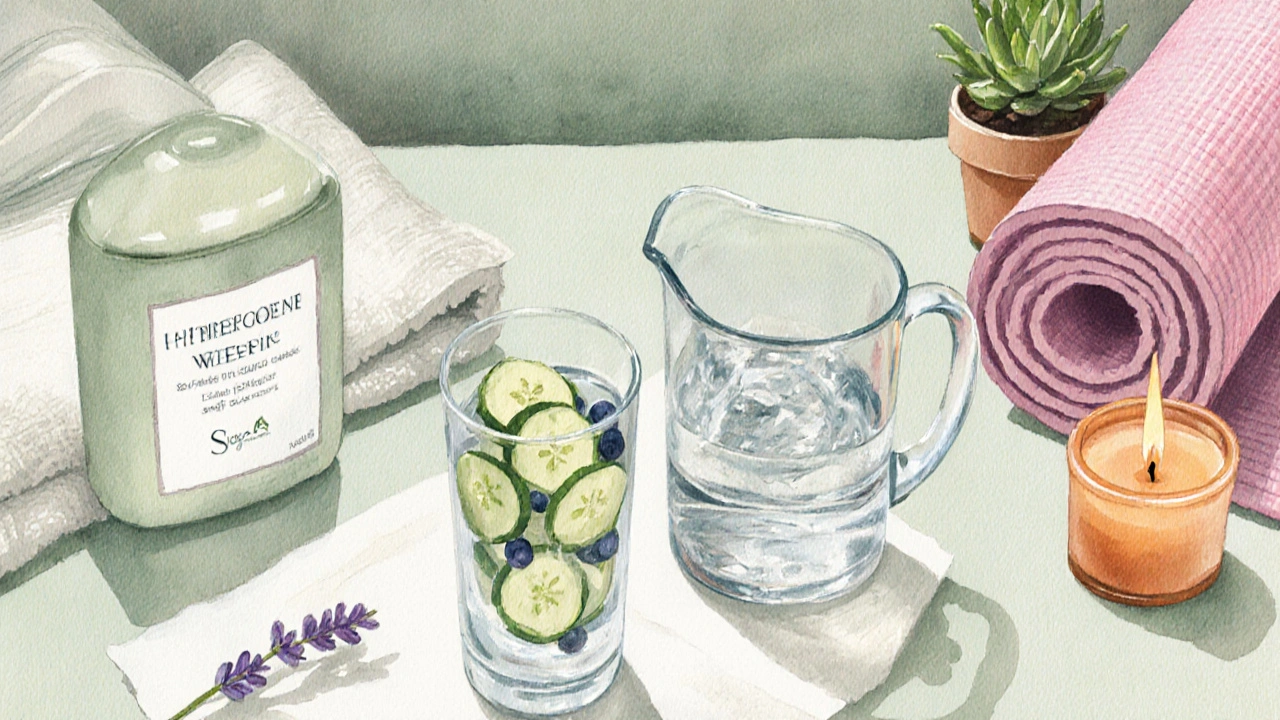 Pokojová scéna s vodou, bobulemi, jemným čistícím gelem, svíčkou a jógovým rohožkem, připomínající péči o pleť.