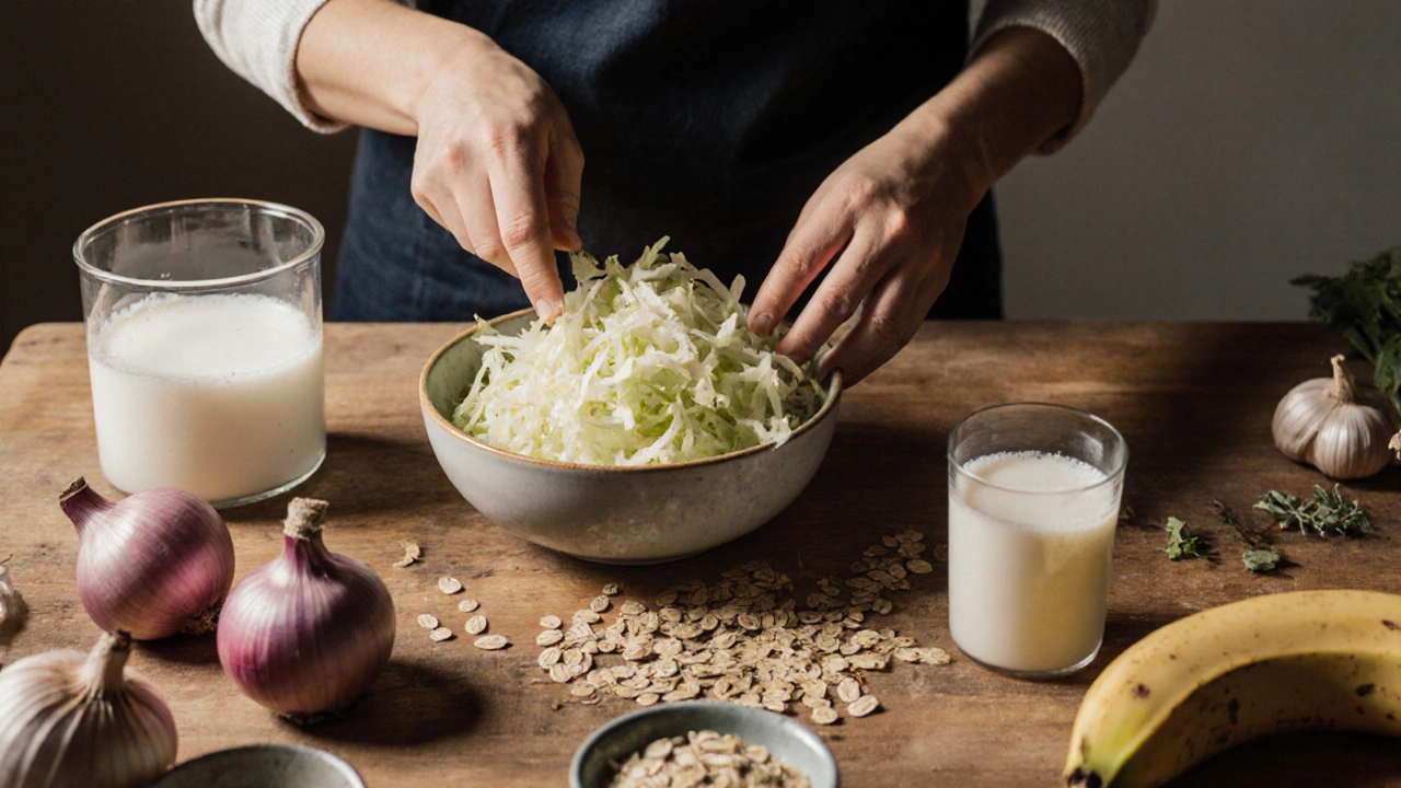 Příprava kvasených potravin jako zelí a kefíru s přírodními ingrediencemi na dřevěném stole.