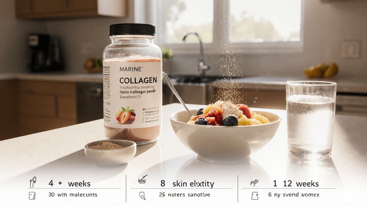 Ranní kuchyňská scéna s kolagenovým práškem, smoothie a časovou osou zlepšení.