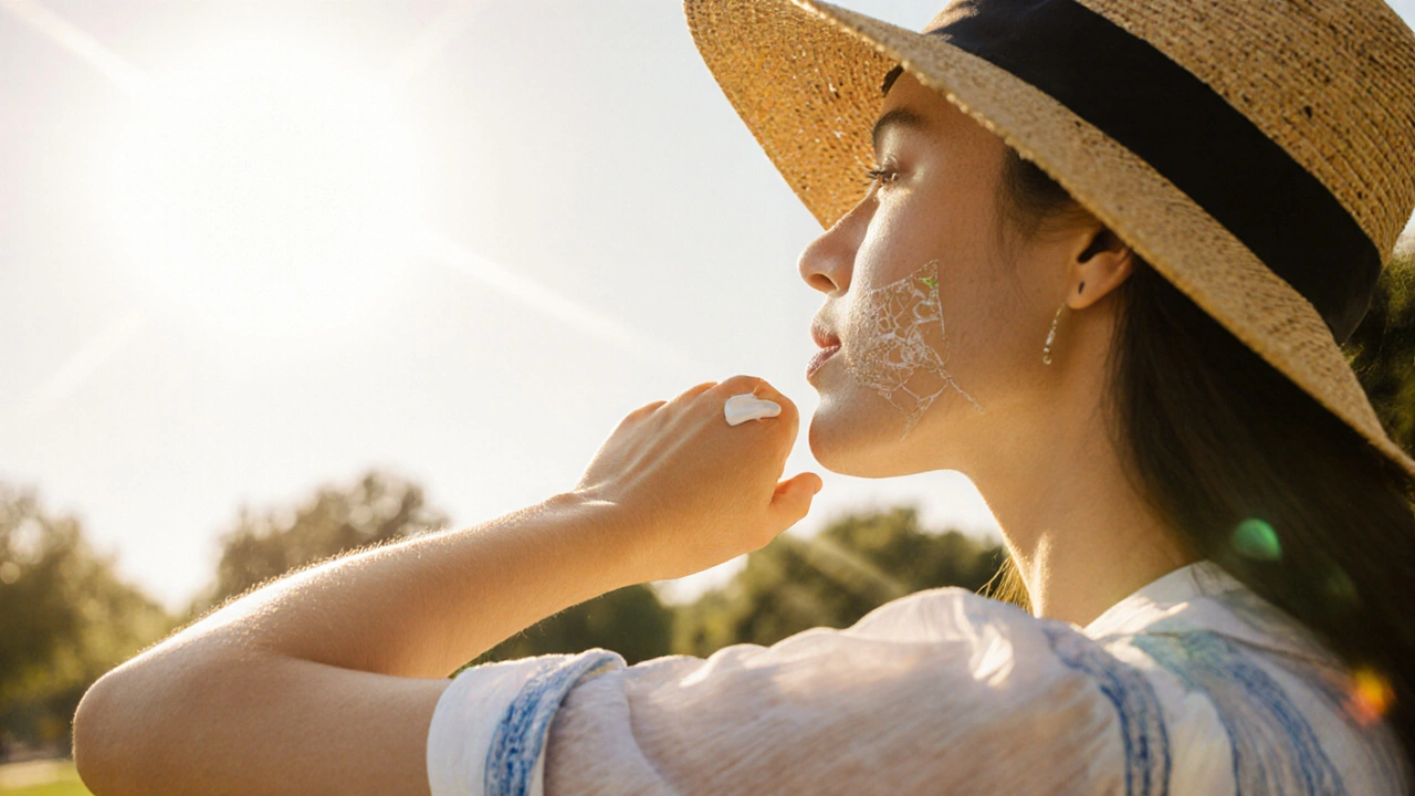Ruka nanáší opalovací krém na tvář pod sluncem, vedle klobouk a jasné světlo.