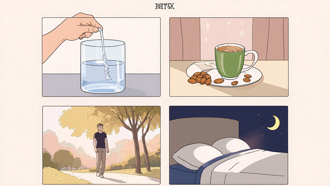 Storyboard ukazující krok za krokem 24‑48‑hodinový detox po alkoholu: voda, čaj, procházka, spánek.