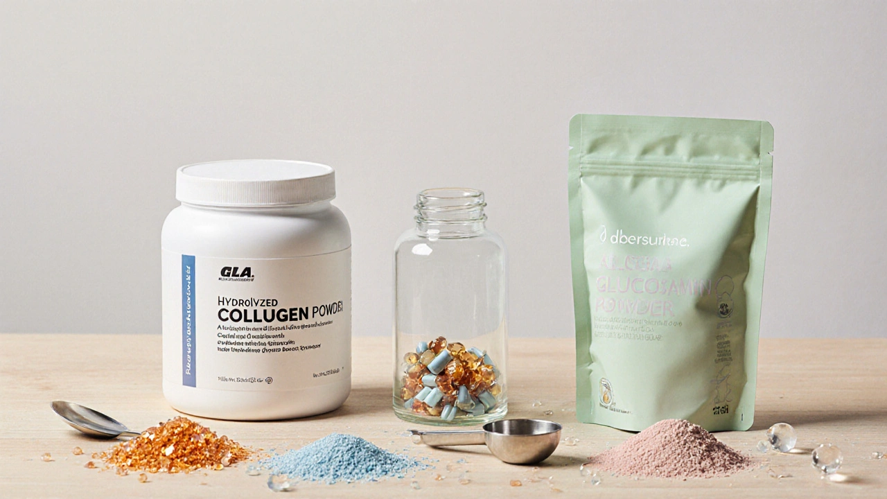 Střihovka s třemi doplňky: prášek, kapsle a veganský prášek, doplněná krystaly a kapky.