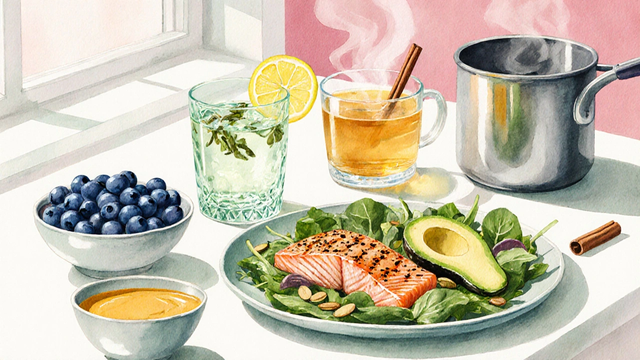 Stůl s citronovou vodou, borůvkami, zeleným čajem, lososem a kurkumovým mlékem v jasném světle.
