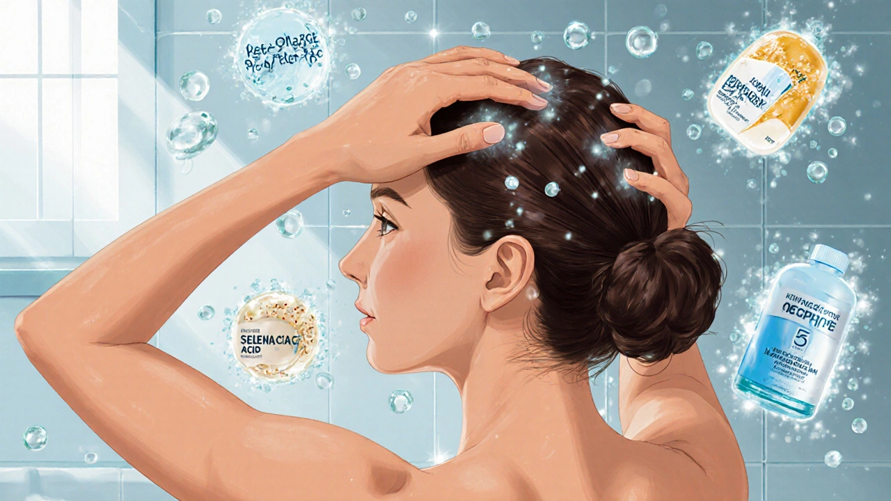 Žena jemně masíruje léčivý šampon do kůže hlavy