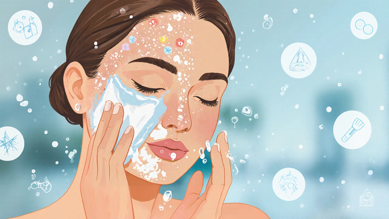 Žena s kombinovanou pletí: jedna polovina obličeje čištěna gelom, druhá jen opláchnuta vodou.