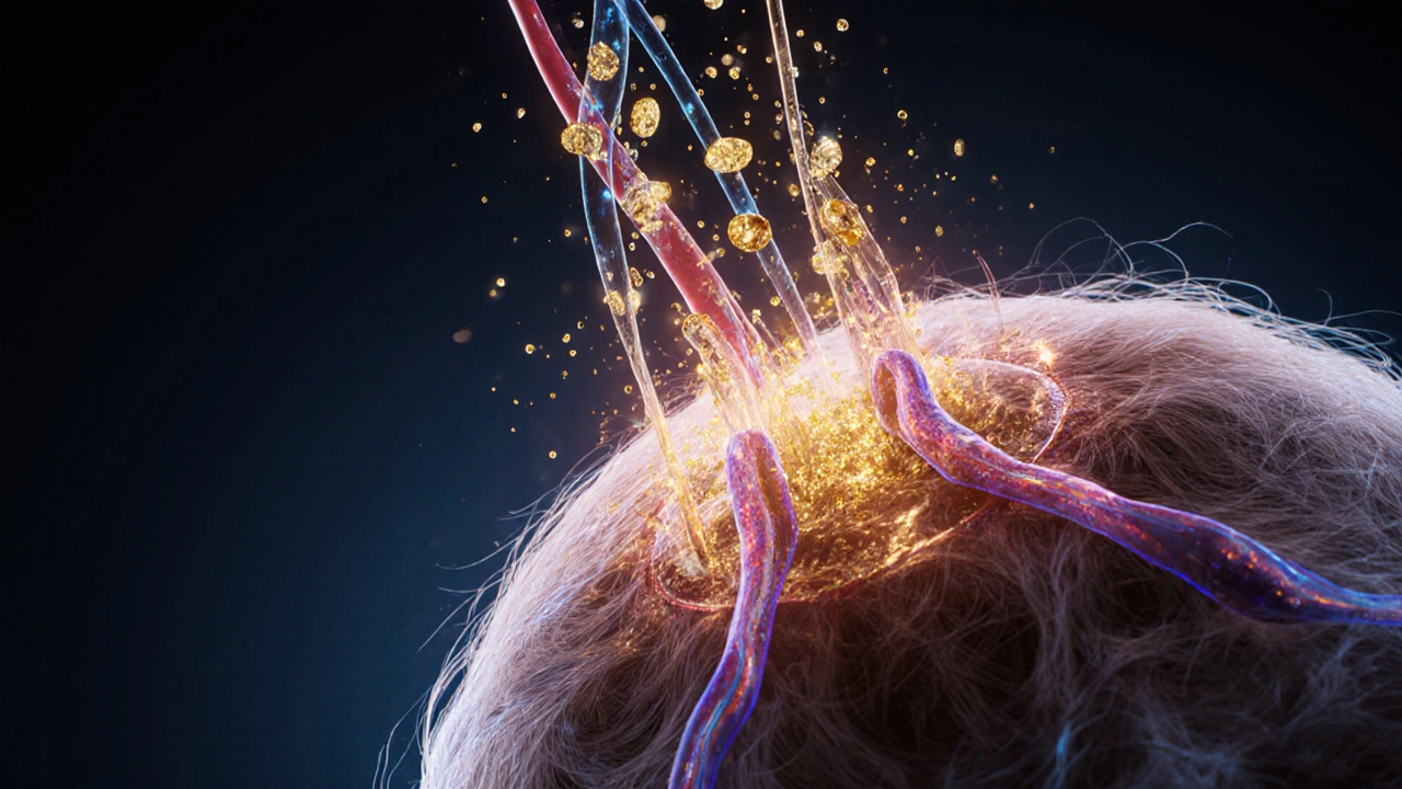 Zvětšený vlasový kořínek s proudy živin aktivujících růst vlasů