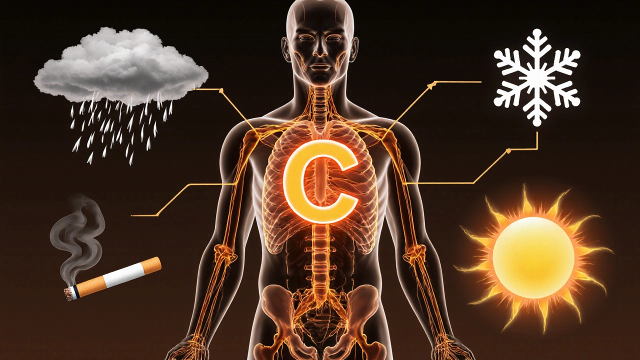 Abstraktní znázornění těla s cestami vitamínu C v krvi a symboly stresu, kouření a ročních období.