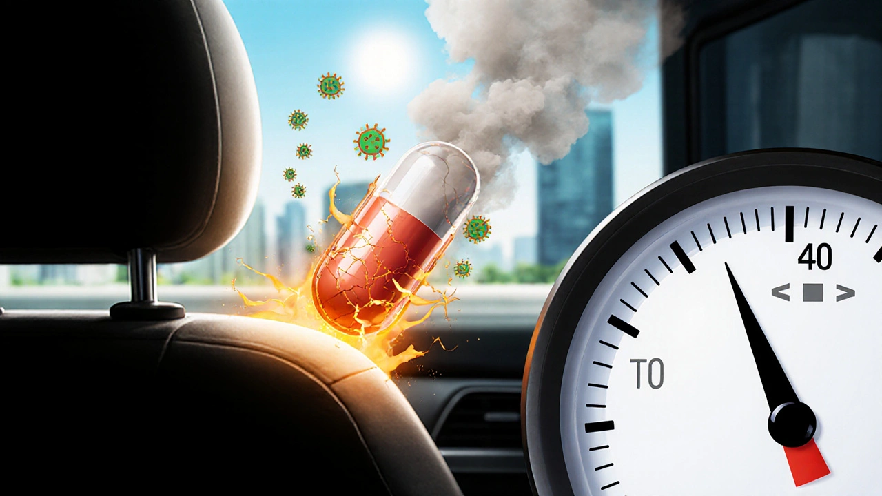 Capsule degrading under heat, thermometer showing 40°C, sunlit car seat in background.