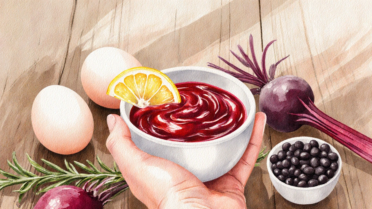 Čerstvé jahodové želé s citronem, vejci, černými fazolemi a řepou na dřevěné desce.