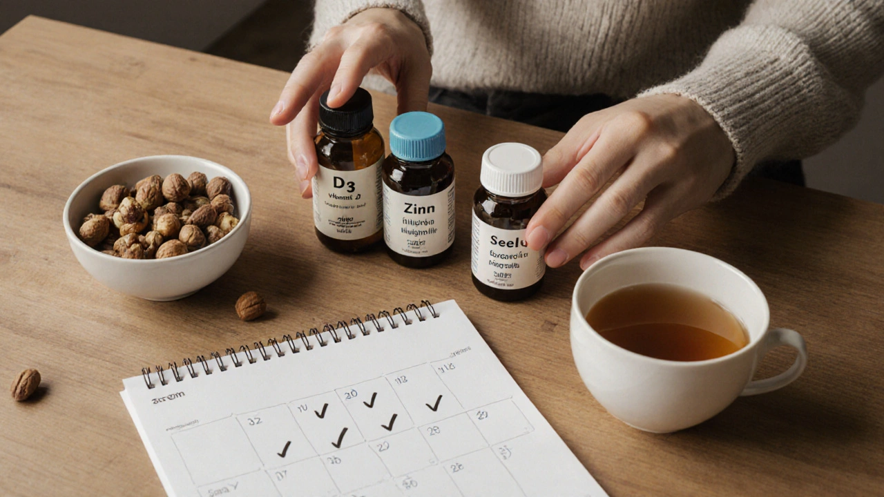 Čtyři doplňky a Brazilské oříšky na dřevěném stole s kalendářem označeným značkami.