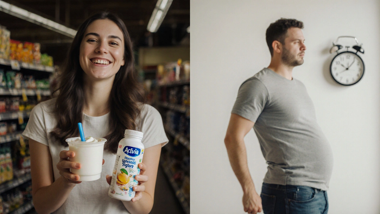 Dvě ruce drží jogurt a pilulky – symbol přirozené výživy versus doplňků.