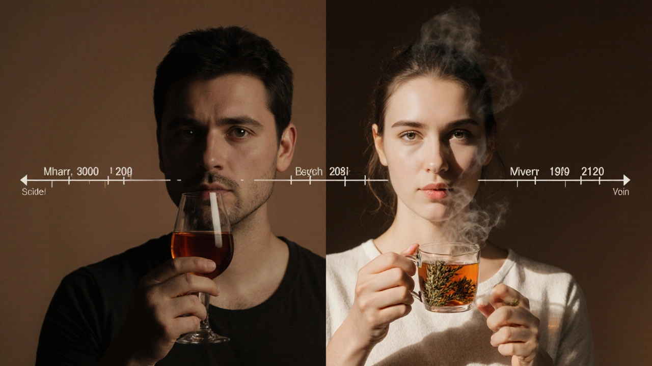 Dvě ruce: sklenice vína a bylinný čaj — symbol změny po 30 dnech bez alkoholu.