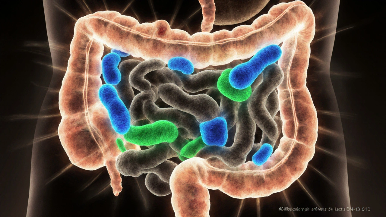 Glowing probiotické bakterie cestují střevy, symbolizující zlepšení trávení.