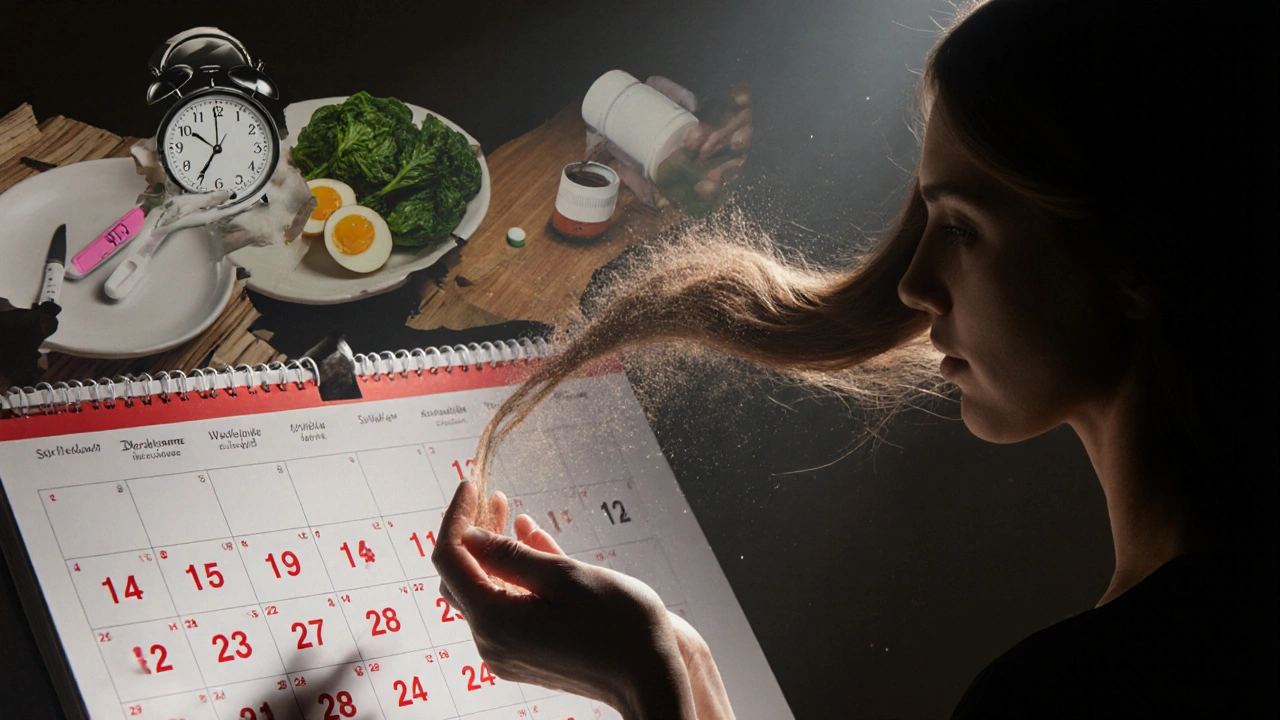Kalendář s červenými značkami a postavou, jejíž vlasy se mění v prach, symbolizující příčiny vypadávání.