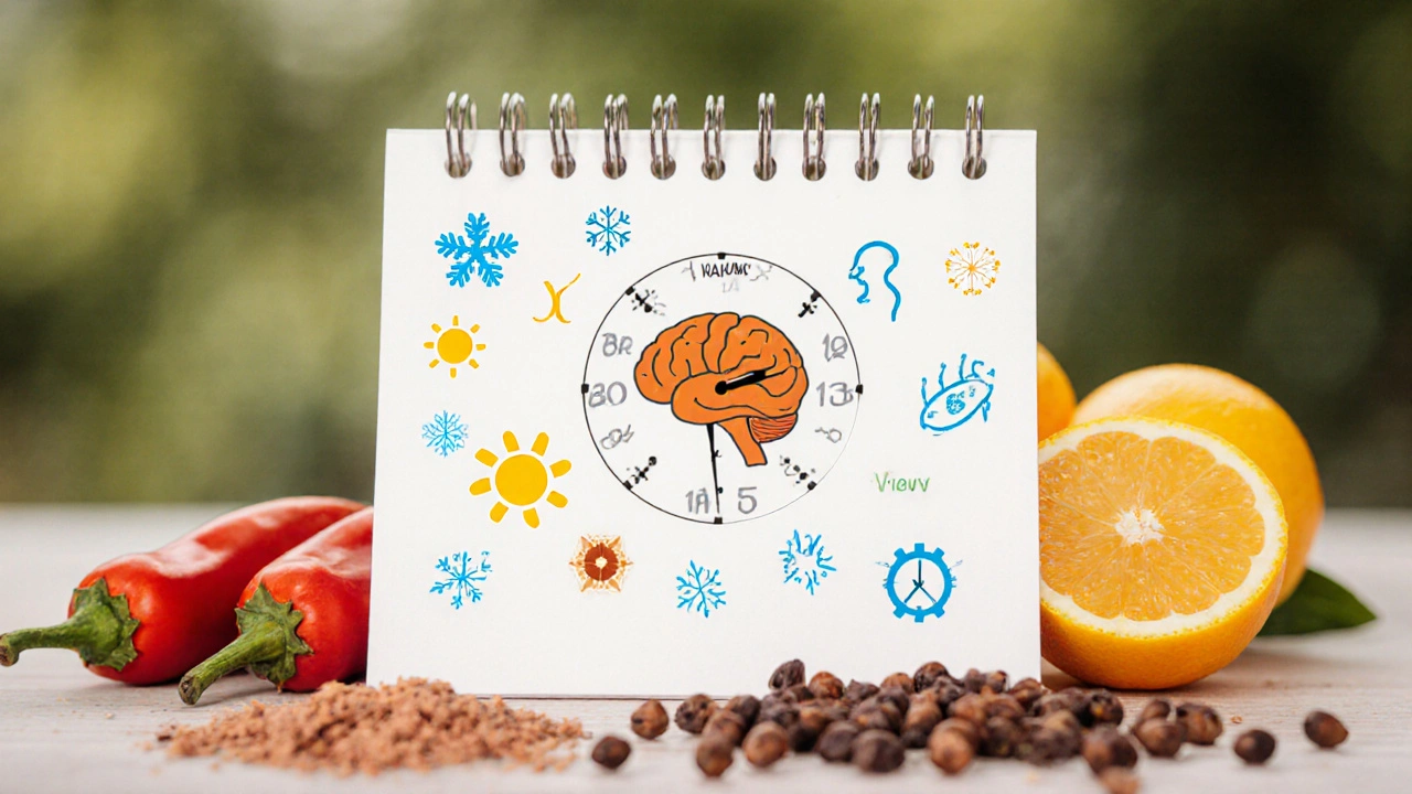 Kalendář s označenými dny a sezónními symboly ukazující optimální čas užívání vitamínu C.