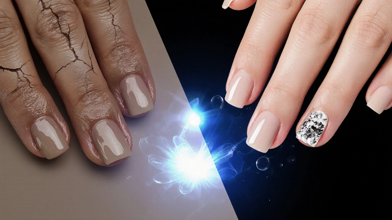 Kontrast mezi mastnými a čistými nehty po správném odmastění.