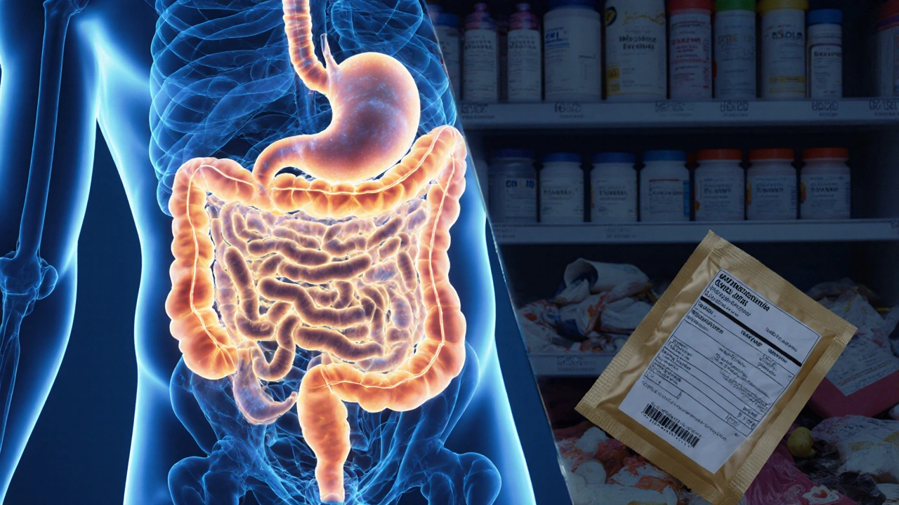 Křehká ilustrace střev s živými probiotickými bakteriemi v kontrastu k nekvalitním doplňkům.
