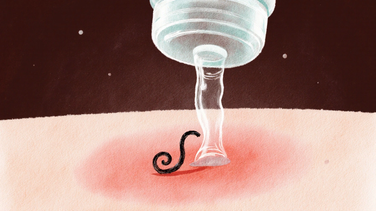 Kvítkovitý zánět způsobený vloženým vlasem, který léčí hydratační kapky.