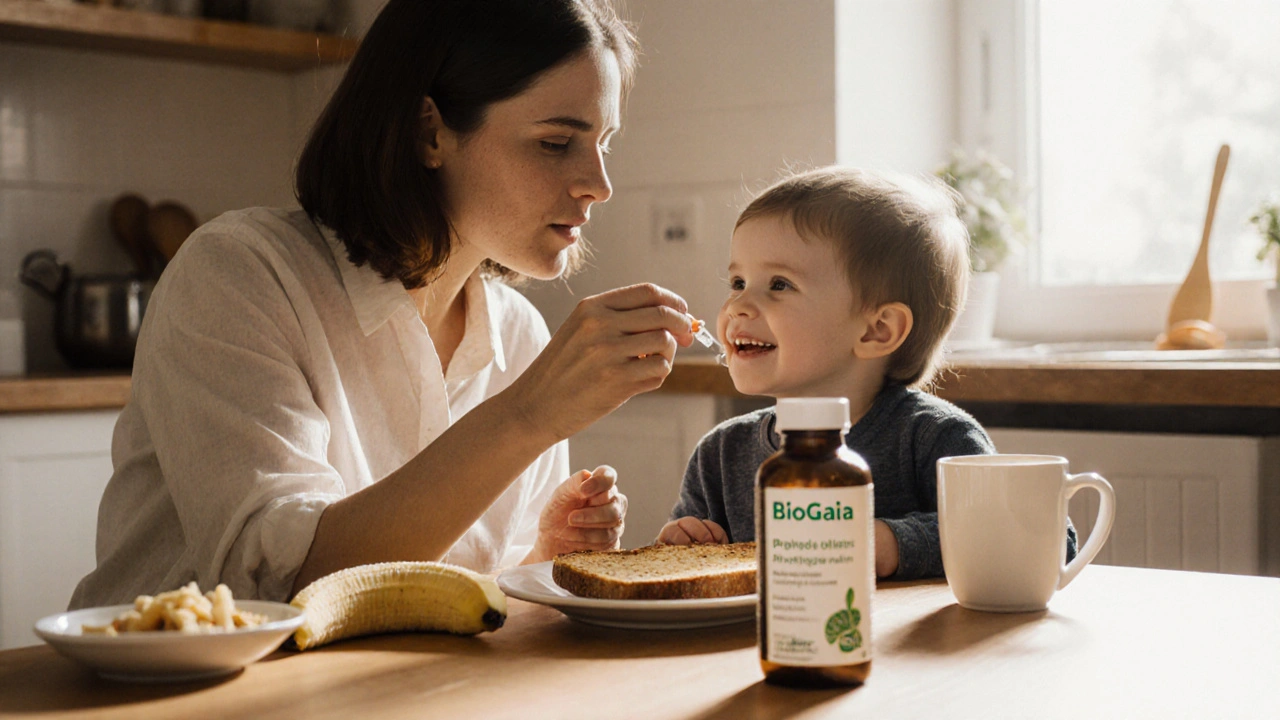 Matka podává dítěti probiotikum u snídaně s banánem a toastem.