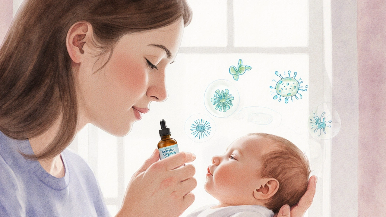 Matka podává novorozenci kapky s laktobacily 6 v klidném domácím prostředí.