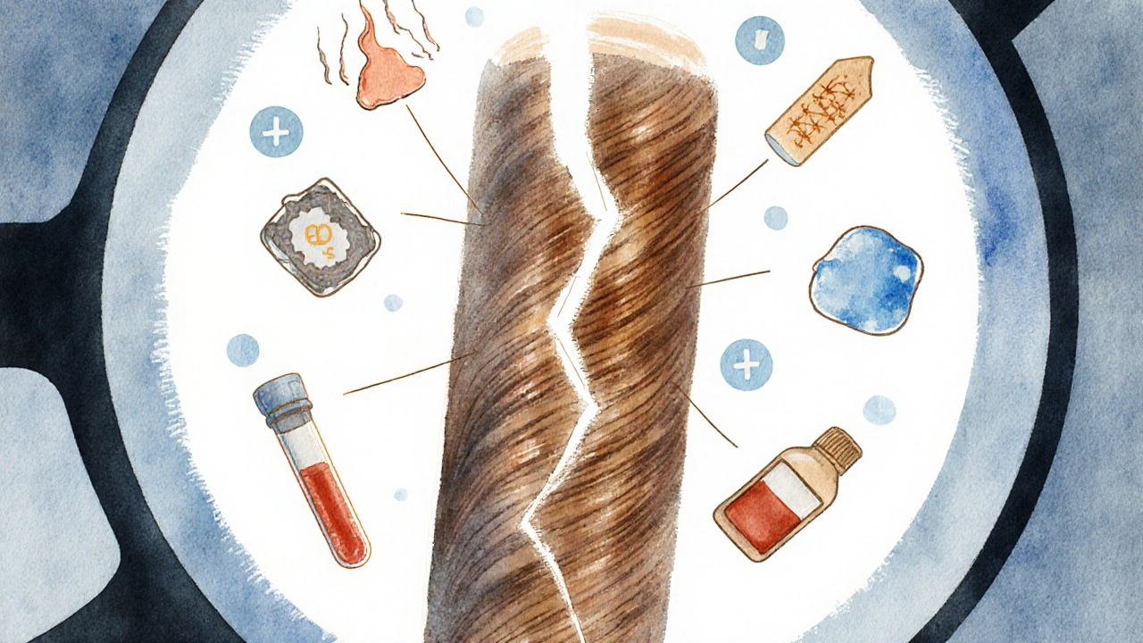 Mikroskopický pohled na poškozený vlas s symboly příčin lámavosti.