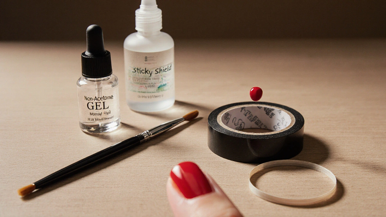 Nástroje pro včetně: štětec, gel, odstraňovací prostředek a lepicí páska na dřevěném povrchu.