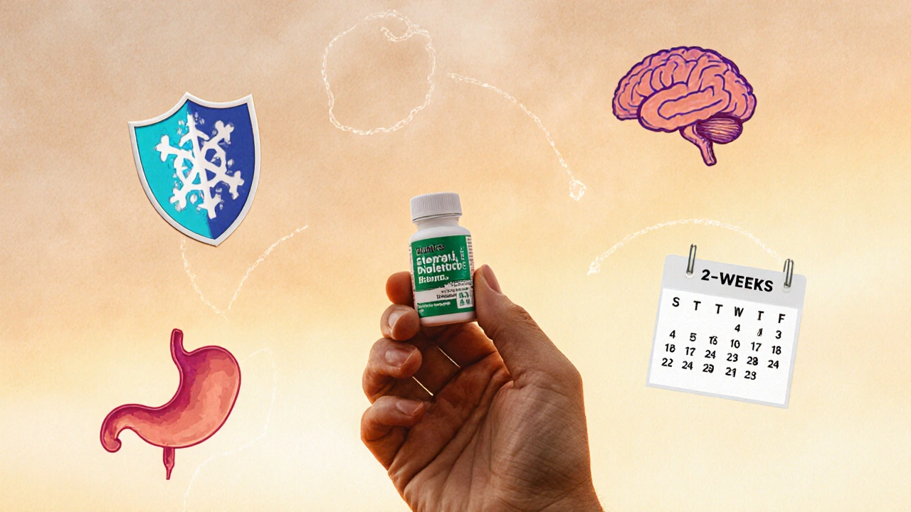 Osoba drží kapsli s enterickým obalem, kolem ní symboly zdraví střev a časové cykly.