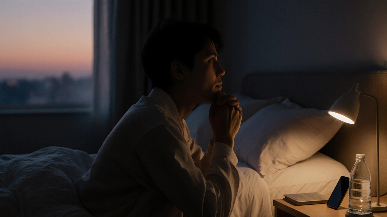 Osoba klidně dýchá ve večerní místnosti s vypnutým telefonem.