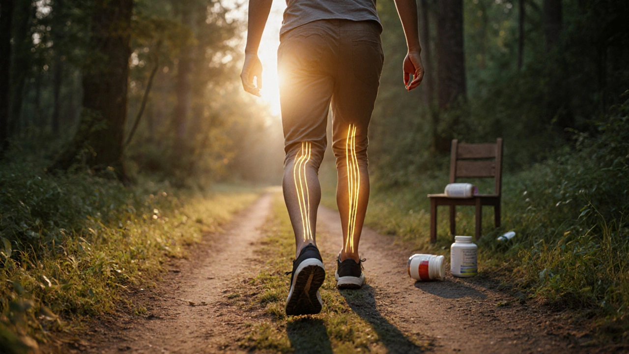 Osoba kráčející v lese s zlatými vlákny spojujícími klouby, symbolizující přirozenou regeneraci.