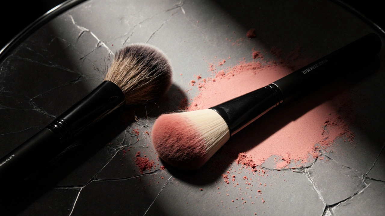 Porovnání poškozeného a nového štětce – jeden vypadává, druhý dokonale aplikuje růžovku.