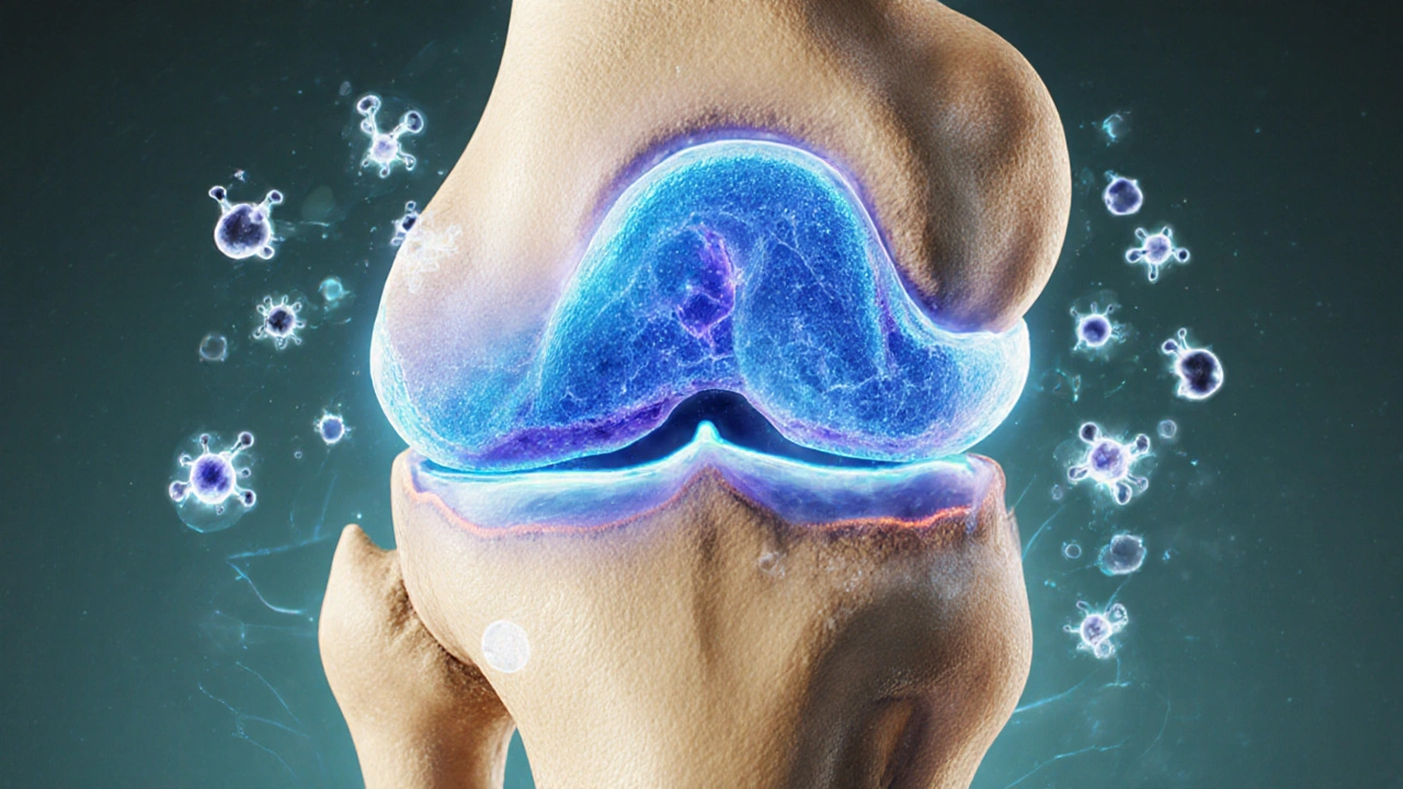 Příčný řez kloubu s živou chrupavkou a látkami, které ji obnovují.