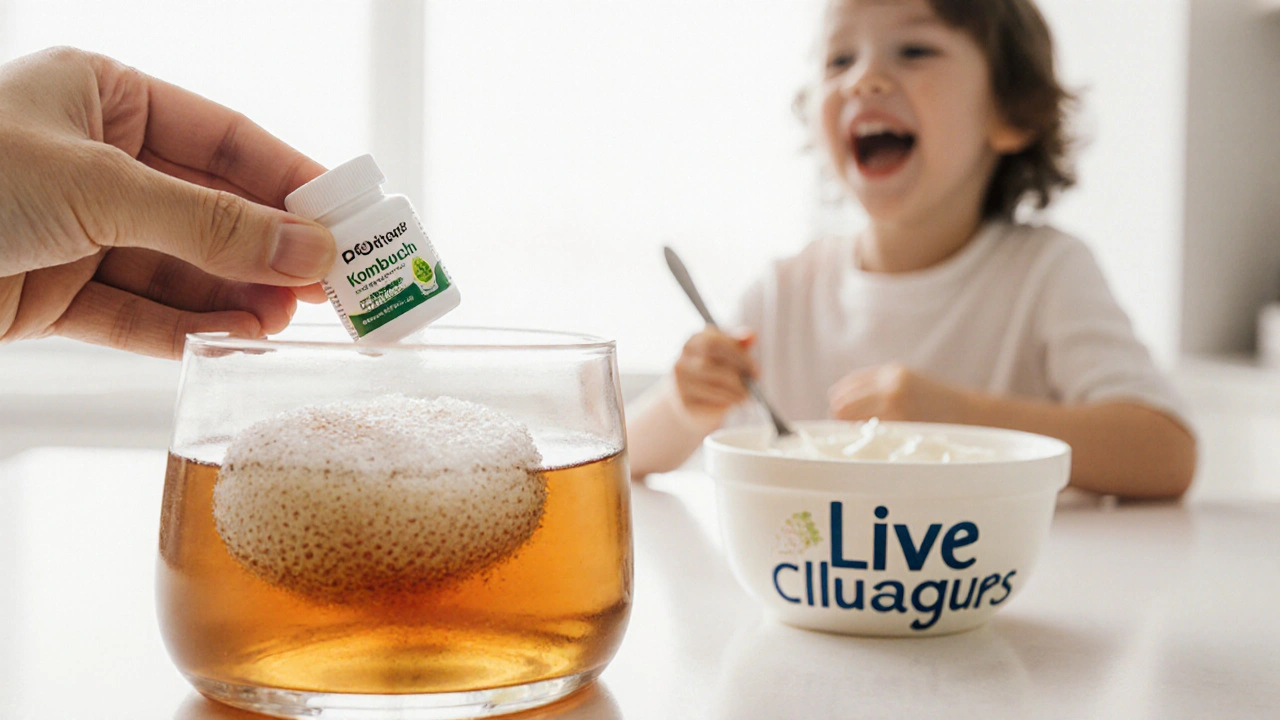 Probiotický doplněk stravy vedle domácí kombuče a dítěte s jogurtem