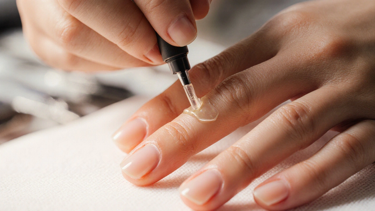 Profesionální manikýra aplikuje základní vrstvu na čisté nehty.