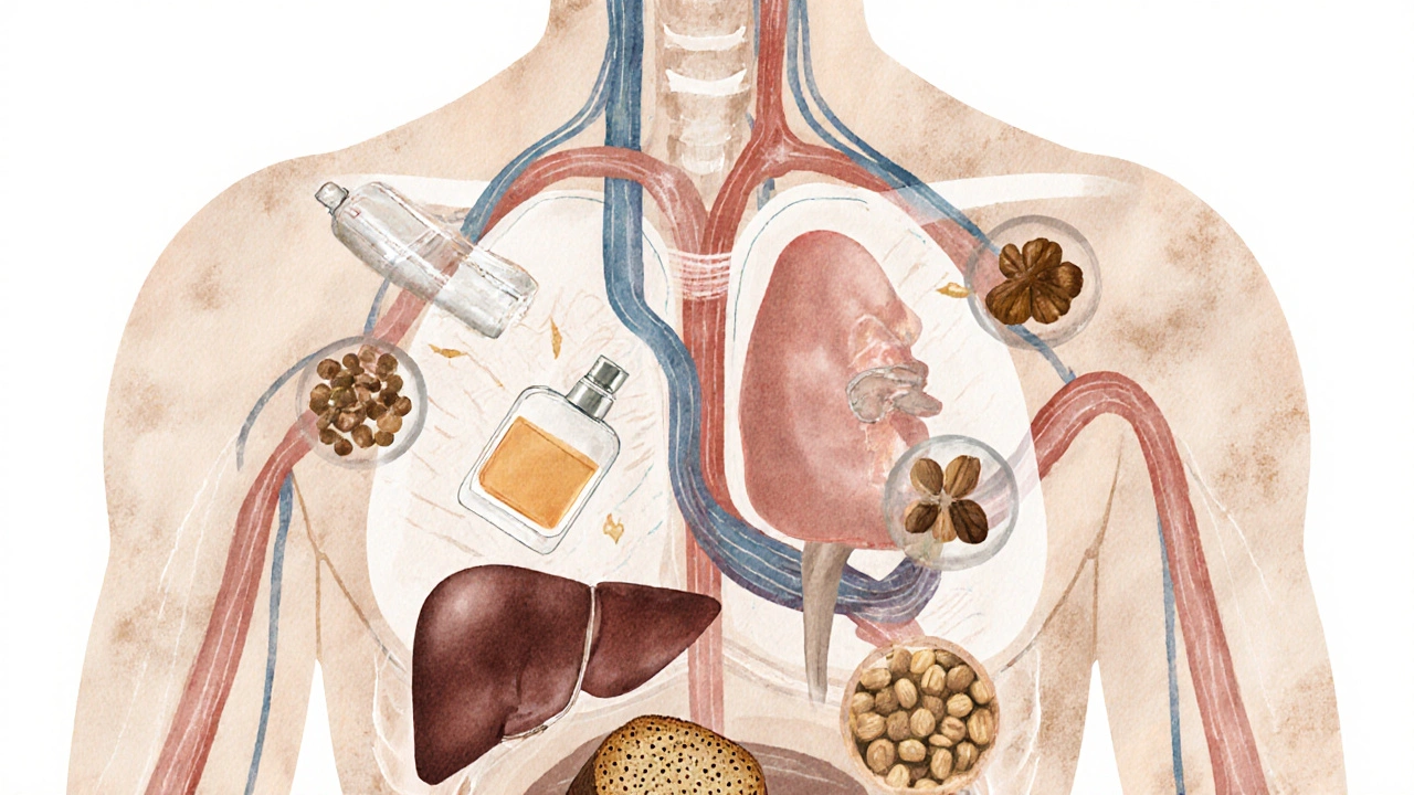 Průhledný náčrt těla s hormonálními cestami a detoxikačními procesy.