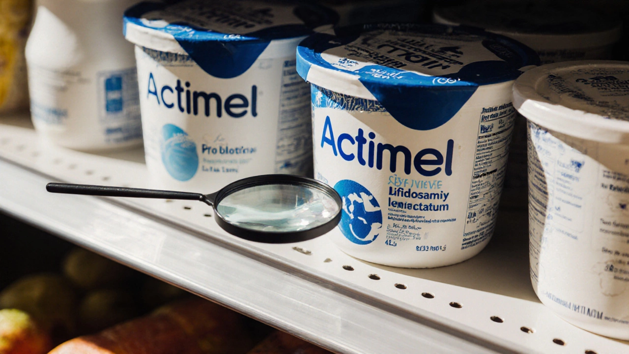 Regál v supermarketu s jogurty, kde jeden má uvedené živé kultury Bifidobacterium, ostatní ne.