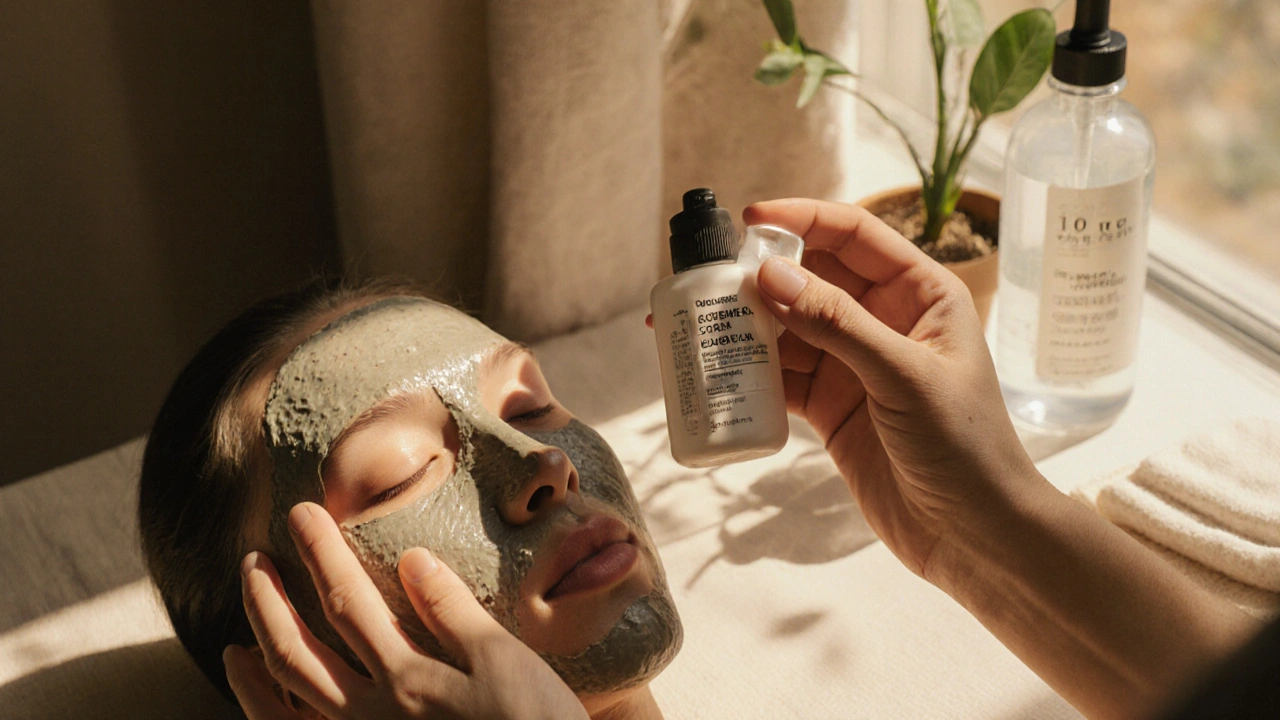 Ruka aplikuje retinol na pleť s rozšířenými póry, kolem ní jemné kosmetické přípravky a přírodní prvky.