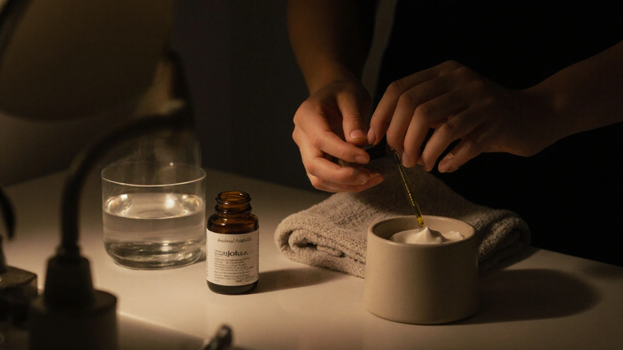 Ruka aplikující jojobový olej na obličej ve věčerním osvětlení